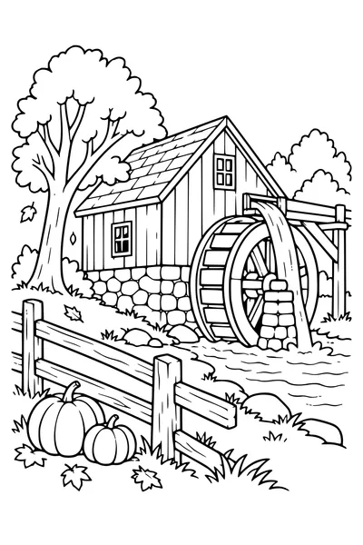 Coloriage: Moulin à eau avec une clôture en bois.