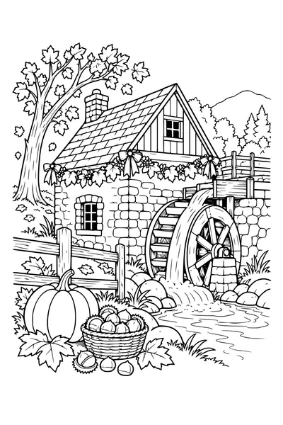 Coloriage: Moulin à eau avec une guirlande de feuilles.