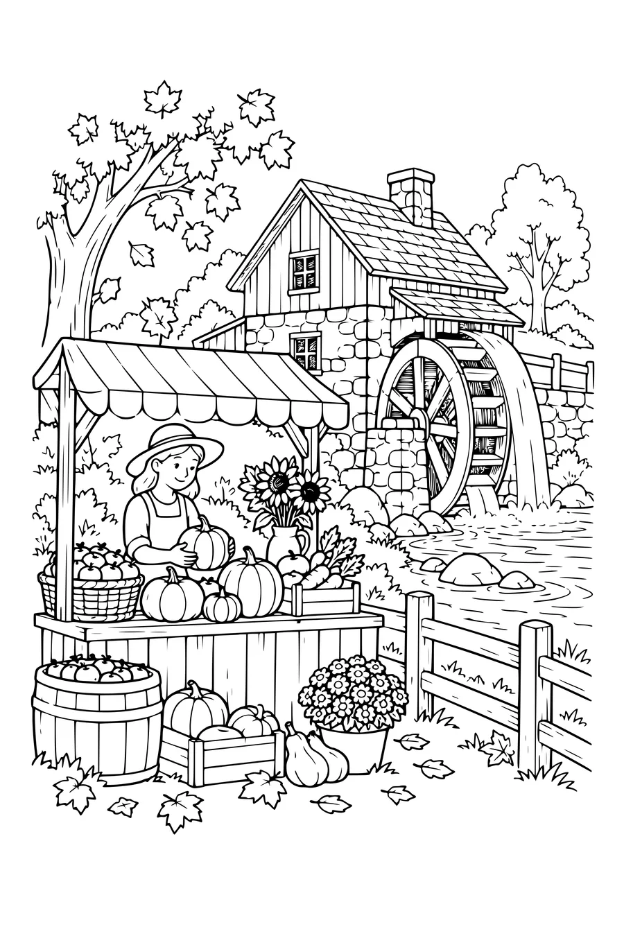 Coloriage: Moulin à eau avec un stand de récolte.