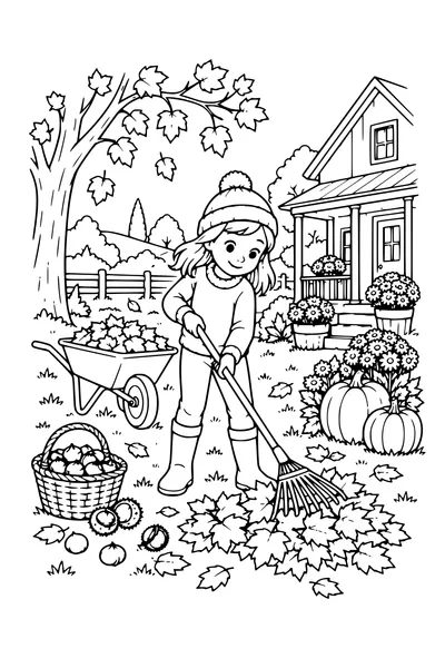 Coloriage: Ferme avec un jardin d’automne.