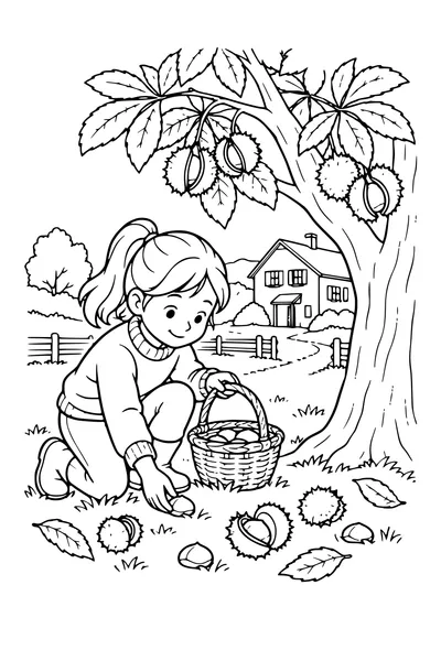 Coloriage: Ferme avec un châtaignier.