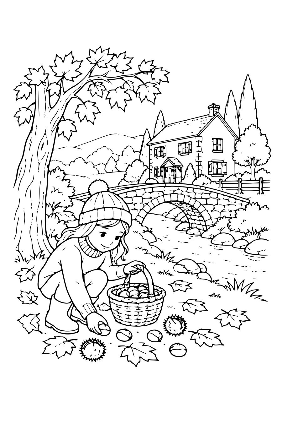 Coloriage: Ferme avec un pont en pierre.