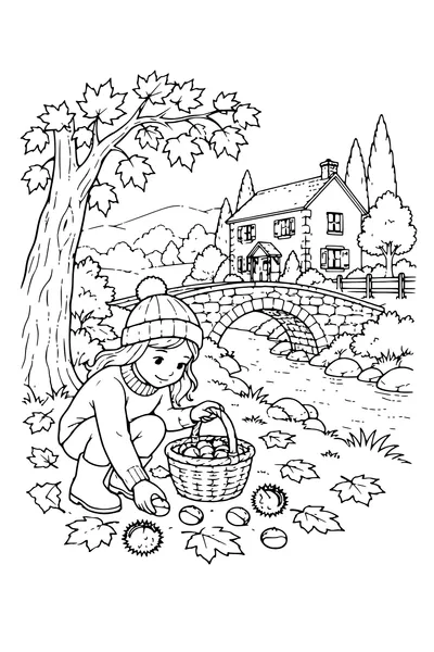 Coloriage: Ferme avec un pont en pierre.