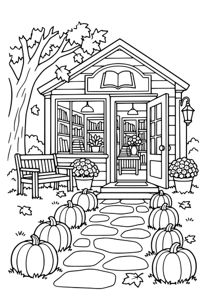 Coloriage: Librairie avec un sentier de citrouilles.
