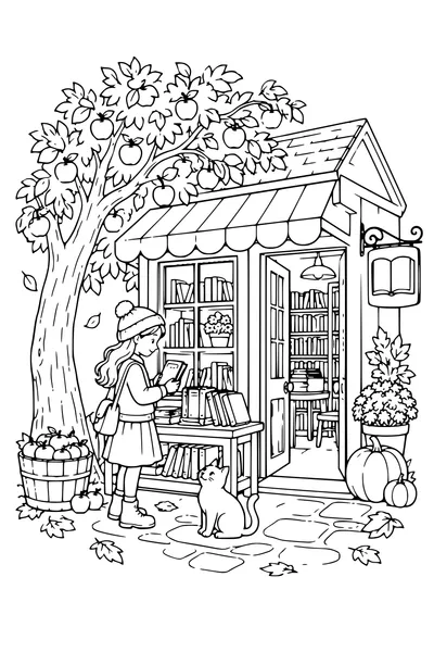 Coloriage: Librairie avec un pommier.
