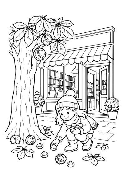 Coloriage: Librairie avec un châtaignier.
