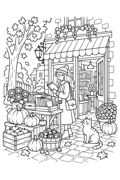 Coloriage: Librairie avec un stand de récolte.