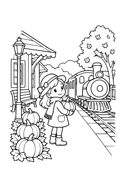 Coloriage: Petite gare avec un sentier de citrouilles.