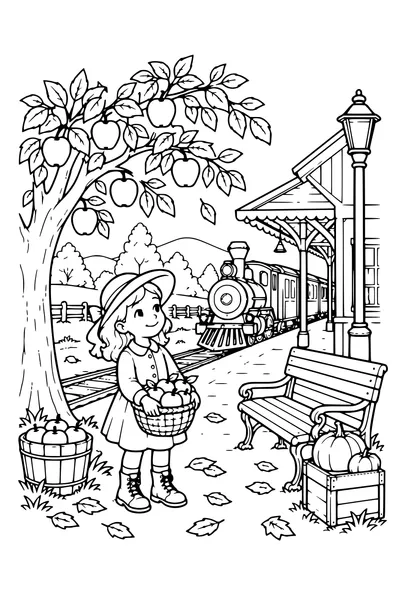 Coloriage: Petite gare avec un pommier.