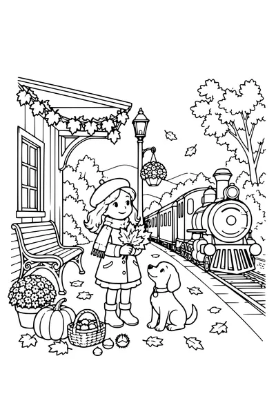 Coloriage: Petite gare avec une guirlande de feuilles.