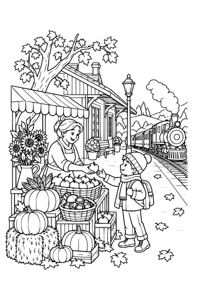 Coloriage: Petite gare avec un stand de récolte.