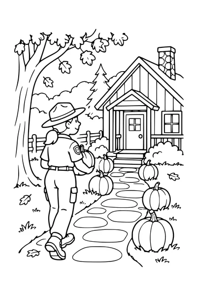 Coloriage: Maison forestière avec un sentier de citrouilles.