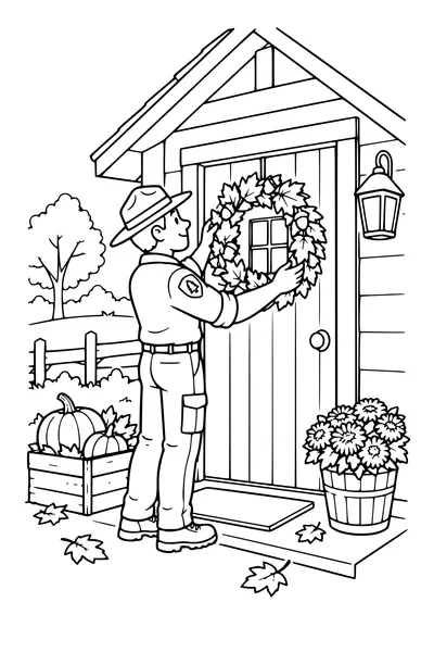 Coloriage: Maison forestière avec une couronne de feuilles.