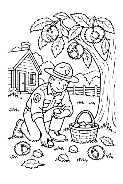 Coloriage: Maison forestière avec un châtaignier.
