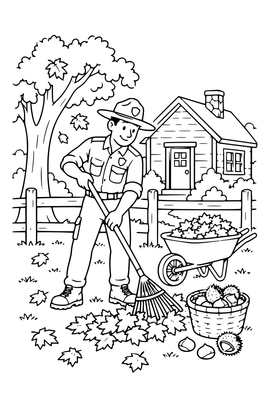Coloring page: Ranger’s house with a wooden fence.