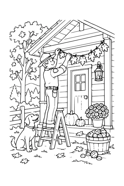 Coloriage: Maison forestière avec une guirlande de feuilles.