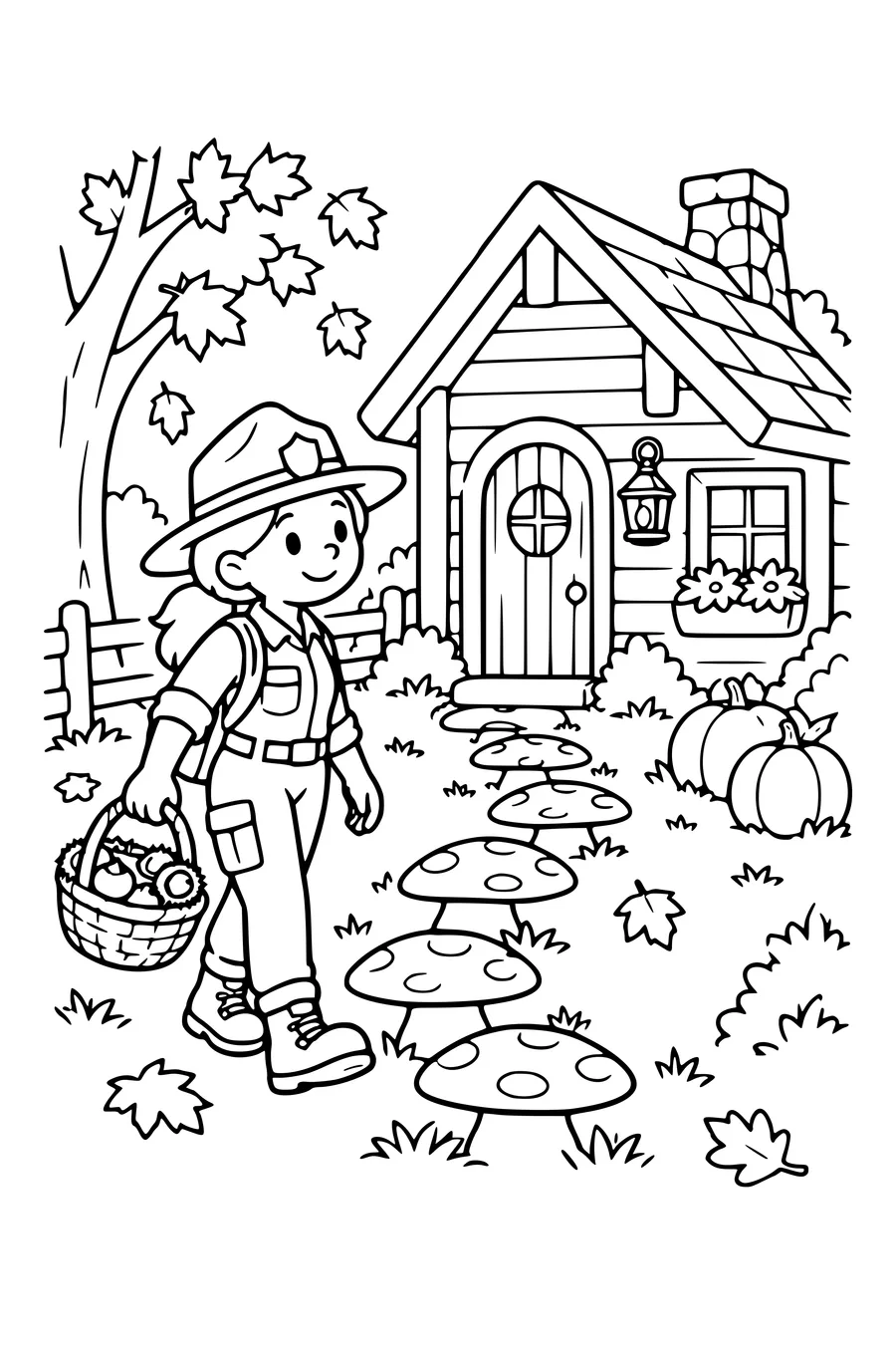 Coloring page: Ranger’s house with a mushroom path.