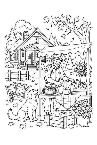 Coloriage: Maison forestière avec un stand de récolte.