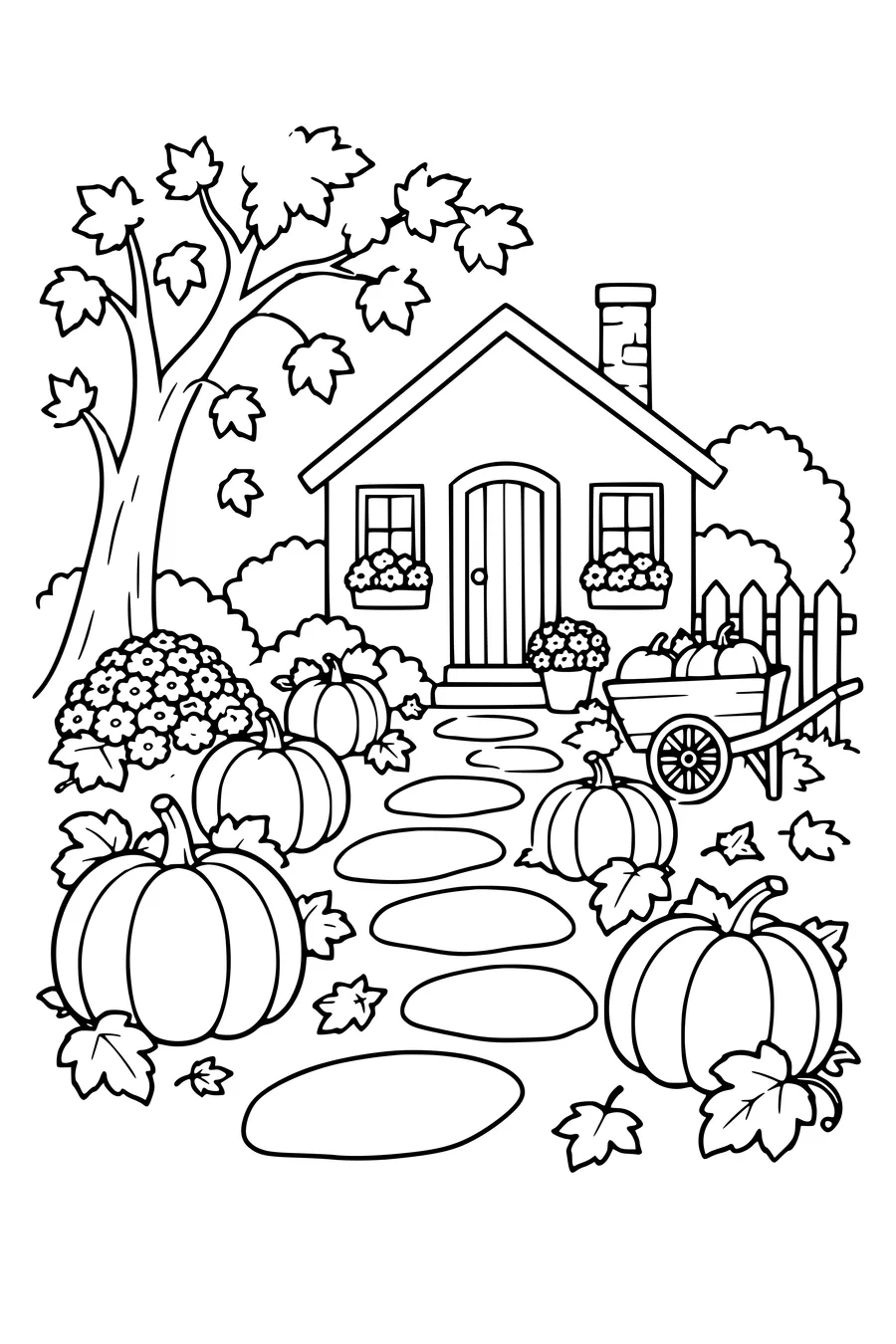 Coloring page: Garden house with a pumpkin path.