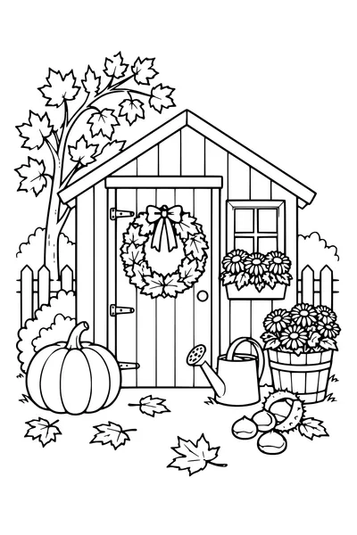 Coloriage: Pavillon de jardin avec une couronne de feuilles.