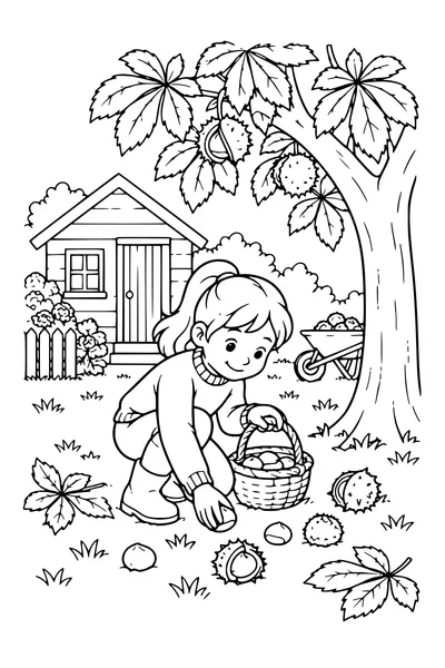 Coloriage: Pavillon de jardin avec un châtaignier.