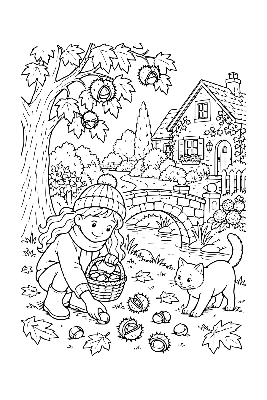 Coloring page: Garden house with a stone bridge.