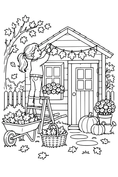 Coloriage: Pavillon de jardin avec une guirlande de feuilles.