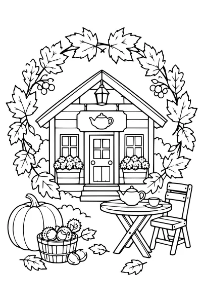 Coloriage: Maison de thé avec une couronne de feuilles.