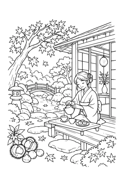 Coloriage: Maison de thé avec un jardin d’automne.