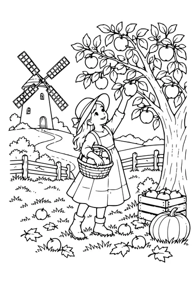 Coloriage: Vieux moulin à vent avec un pommier.