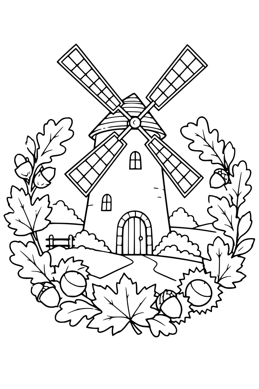 Kleurplaat: Oude windmolen met een bladkrans.