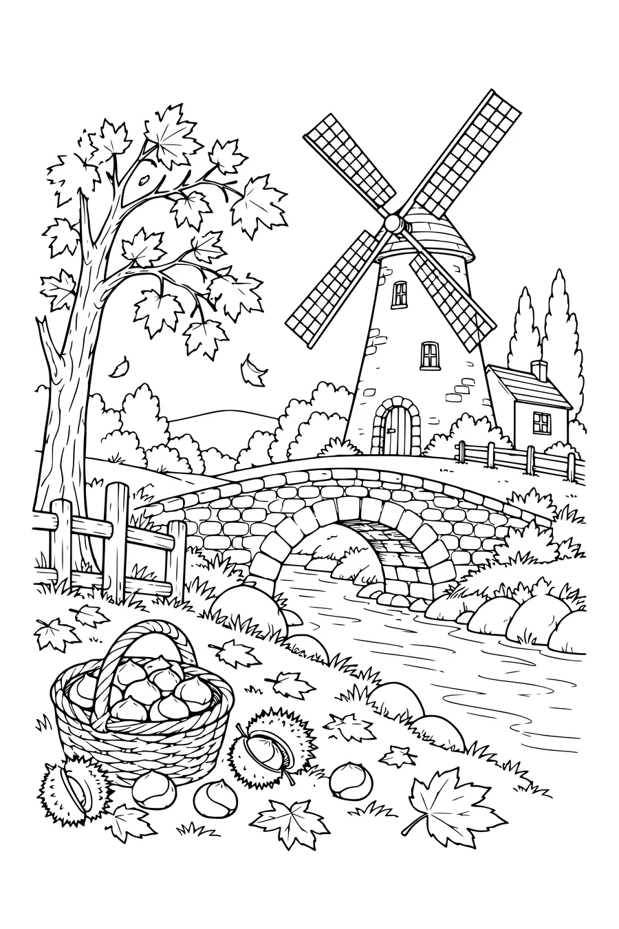 Ausmalbild: Alte Windmühle mit einer Steinbrücke.