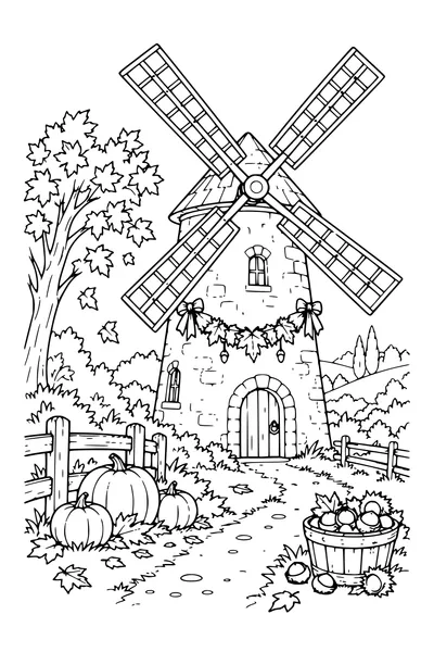 Coloriage: Vieux moulin à vent avec une guirlande de feuilles.