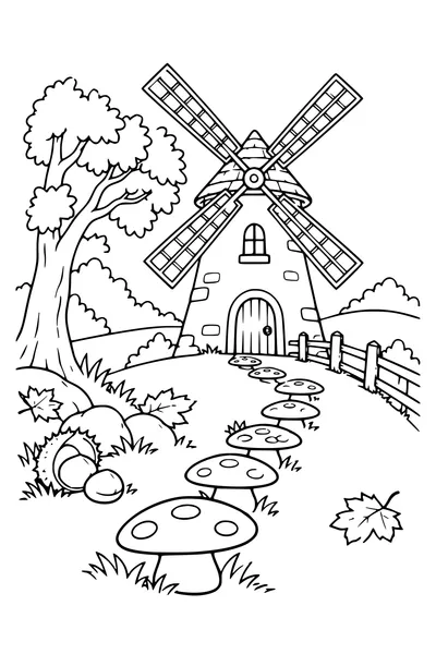 Coloriage: Vieux moulin à vent avec un sentier de champignons.