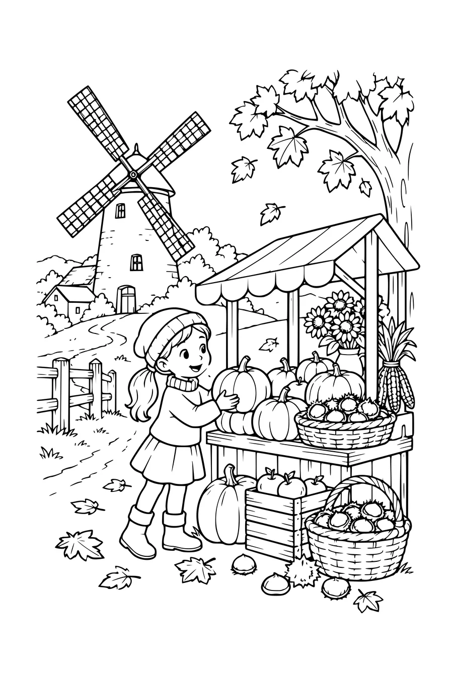 Ausmalbild: Alte Windmühle mit einem Erntestand.