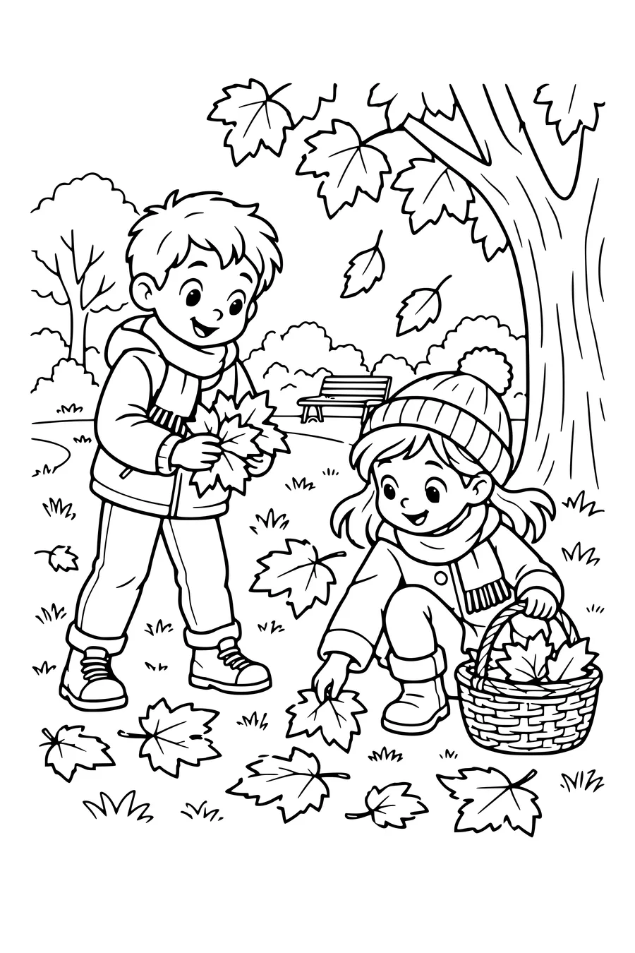 Ausmalbild: Kinder sammeln Blätter im Park.