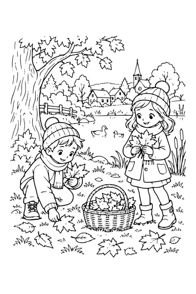 Coloriage: Enfants ramassant des feuilles près de l’étang.