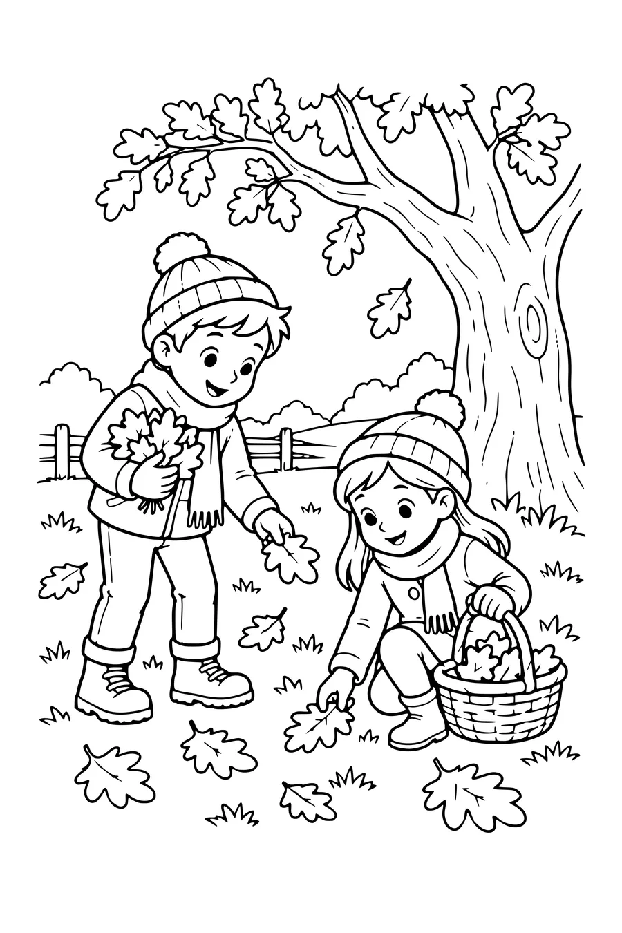 Ausmalbild: Kinder sammeln Blätter bei einer alten Eiche.