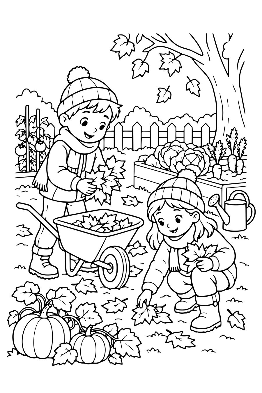 Kleurplaat: Kinderen verzamelen bladeren in de moestuin.