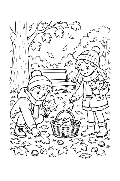 Coloriage: Enfants ramassant des feuilles près d’un banc forestier.