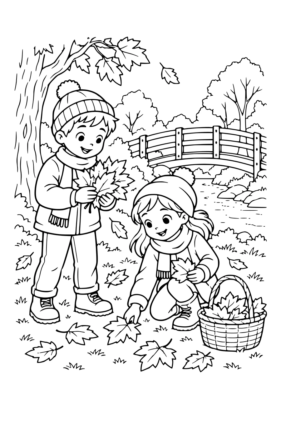 Ausmalbild: Kinder sammeln Blätter an einer Holzbrücke.