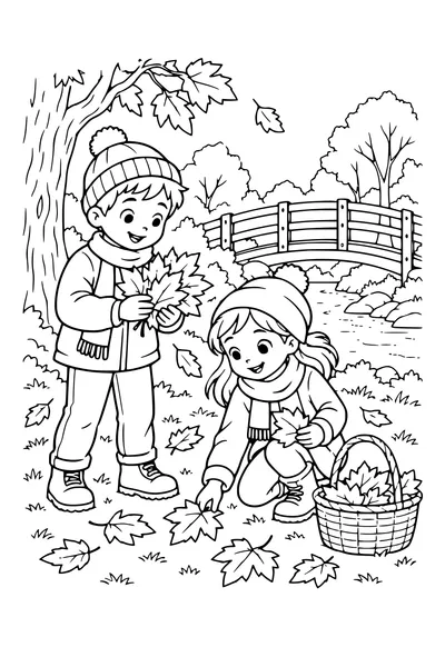 Coloriage: Enfants ramassant des feuilles près d’un pont en bois.