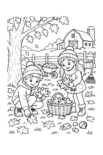 Coloriage: Enfants ramassant des feuilles près d’une ferme.