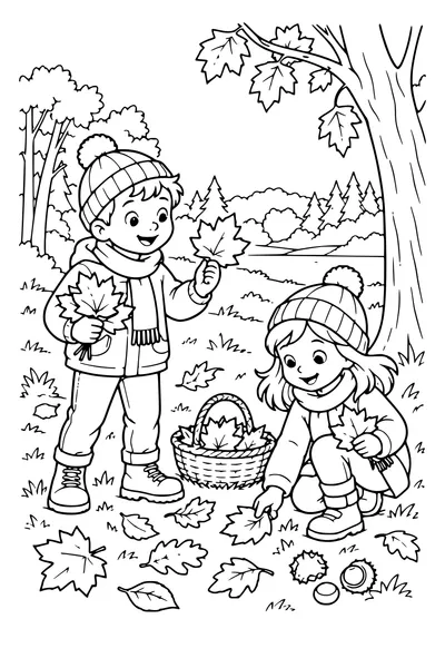Coloriage: Enfants ramassant des feuilles à la lisière du bois.