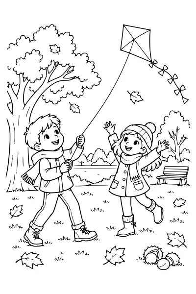 Coloriage: Enfants faisant voler un cerf-volant au parc.