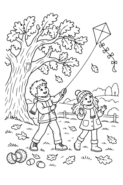 Coloriage: Enfants faisant voler un cerf-volant près d’un vieux chêne.