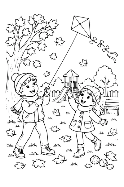 Coloriage: Enfants faisant voler un cerf-volant dans la cour de récréation.
