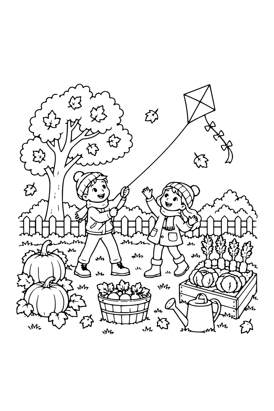 Coloriage: Enfants faisant voler un cerf-volant au potager.
