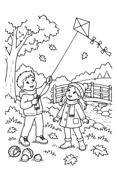 Coloriage: Enfants faisant voler un cerf-volant près d’un pont en bois.