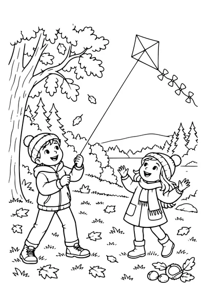 Coloriage: Enfants faisant voler un cerf-volant à la lisière du bois.